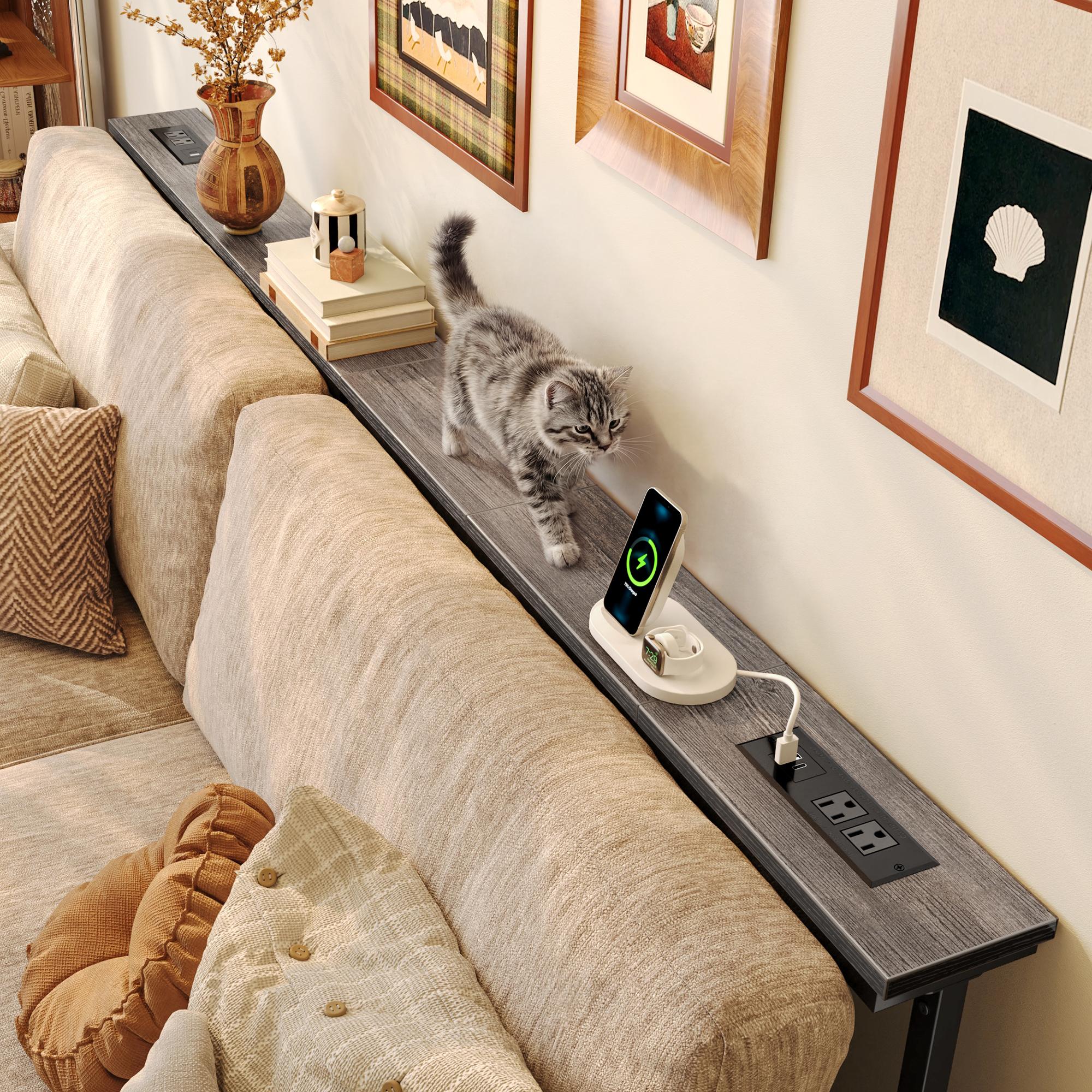 Huuger 78.7/39.4/51.2/102.4/110.2 Inch Behind Couch Table with Power Outlets, 23.9’’-34.4’’ Height Adjustable Range, Sofa Tables Narrow Long with USB-C Ports, Skinny Console Table