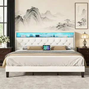 White Velvet Upholstered Platform Bed Frame, Full Queen Or King Size, Wingback Headboard With Storage Shelf And LED Lights (USB Powered), Modern Diamond Tufted Design, Sturdy Wooden Slats, No Box Spring Needed, Noise Free