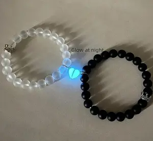 2 Pcs of Blue and Green Light Bead Heart Shaped Magnet Couple's Bracelets Fashion Bff Jewelry Gifts