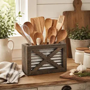 Autumn Alley Rustic Barn Door Wooden Kitchen Utensil Holder for Farmhouse Countertop Decor