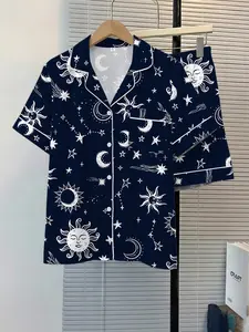 Women's Sleepwear Pajama 2-Piece Set, Star Moon Pattern, Comfortable Night Home Wear, Fashion Soft Fabric, Casual Daily Use