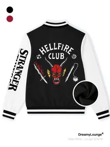 Stranger Things Hellfire Club Graphic Baseball Jacket, Long Sleeve Fitted Casual Wear for Fall & Winter, Breathable and Warm Home & Outdoor Top