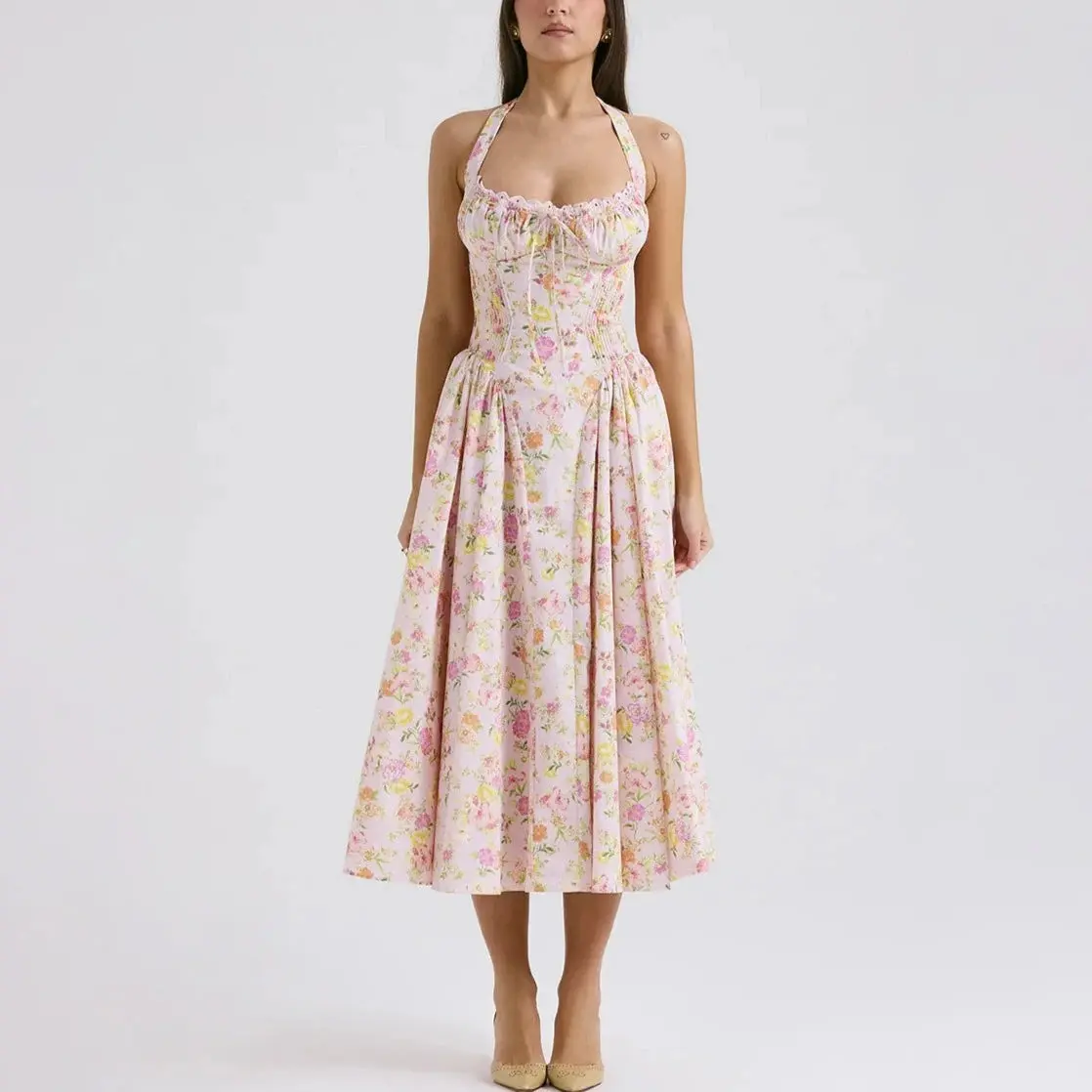 Solene - Floral A Line Midi Halter Neck Dress