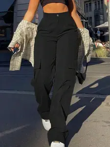 Flap Pocket Side Cargo Pants Casual Black Spring