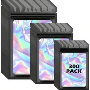 300 Holographic Polyester Film Bags, 3 Sizes Odor-Proof Bags with Transparent Window Aluminum Foil Bags Resealable Bags Suitable for Small Businesses and Food Storage, Black