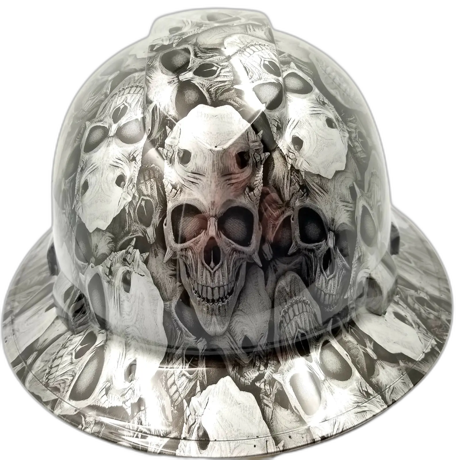 White Engraved Stacked Skulls - Custom Hydro Dipped Full Brim Hard Hat