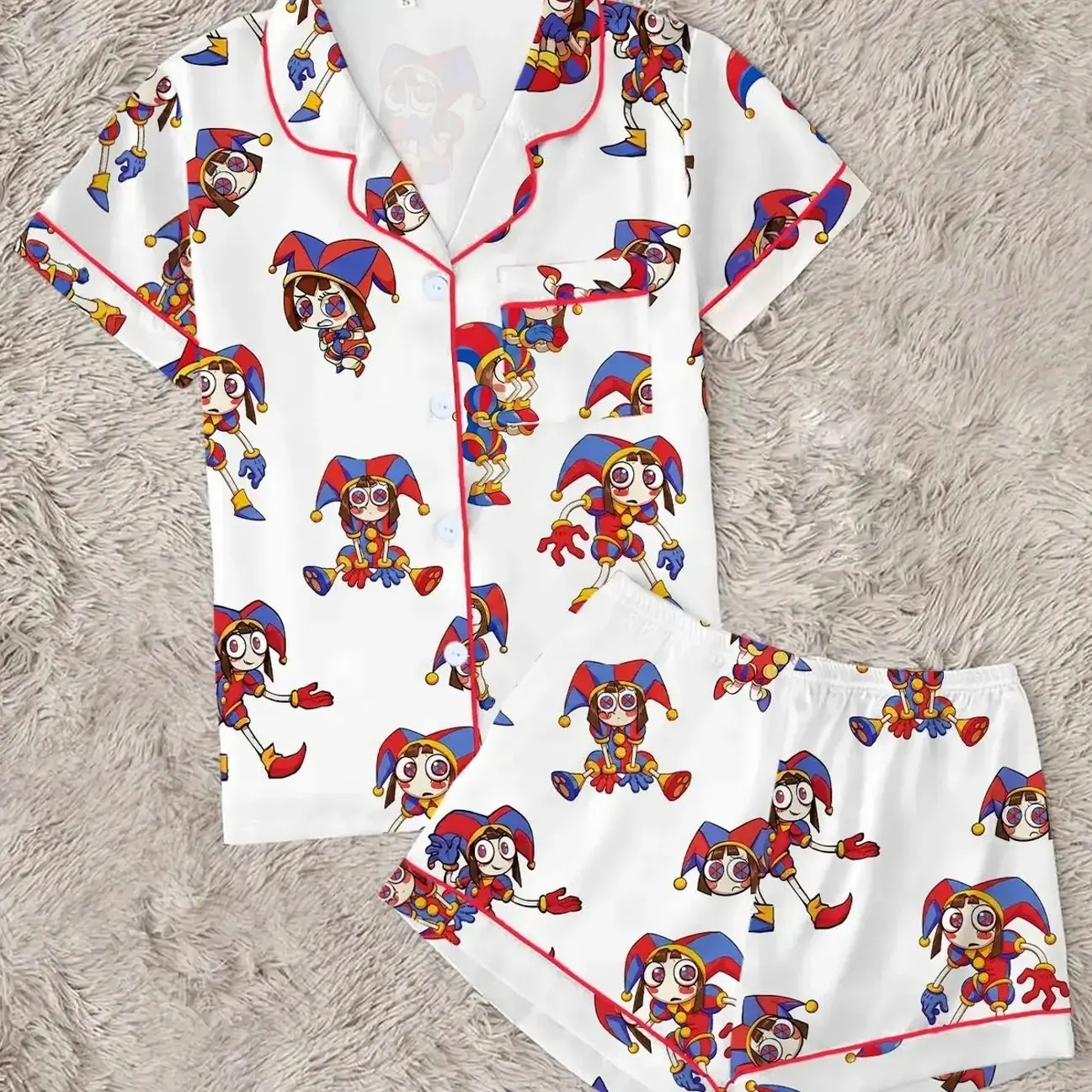 Women's Cute Circus Character Pajamas Set, Funny Magic Monster Pattern Button Sleepwear, Loungewear, Soft 2-Piece Short Sleeve Summer Home Wear
