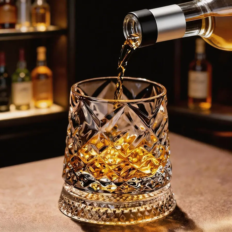 Luxurious 360-Degree Rotates Smoothly Transparent Crystal Glass Tumbler - Star Cut, Glowing Base, European Chic Round Shape Barware, Outdoor Use Gift Drinkware
