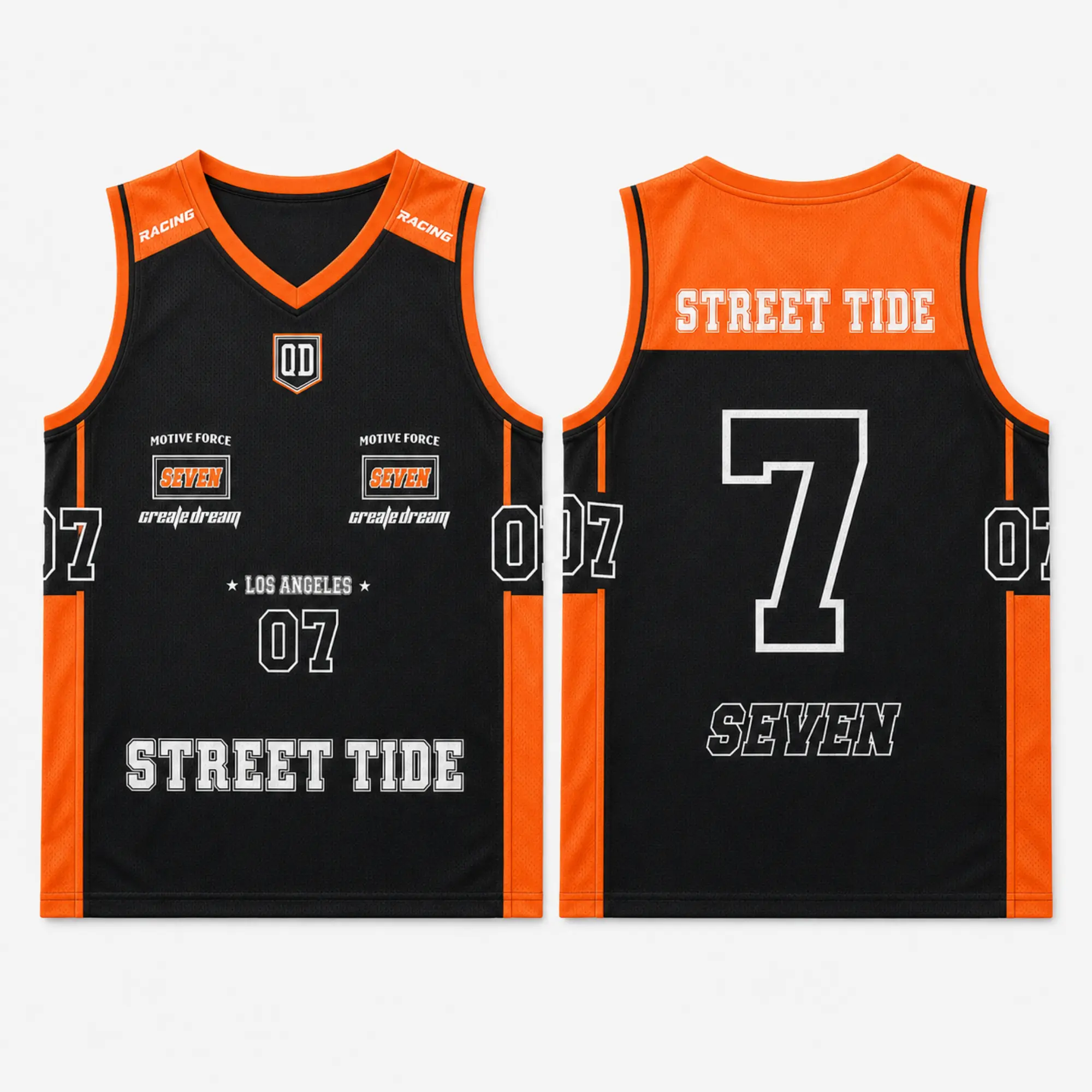 Black Orange Number 7 Basketball Jersey, Unisex Sleeveless V Neck Sports Shirt, Breathable Mesh Athletic Tank Top, Retro Varsity Streetwear, Game Day Outfit for Men and Women