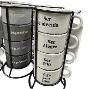 Set of 4 Espresso Ceramic Mugs with Motivational Spanish Phrases + Metal Stand for Coffee Lovers