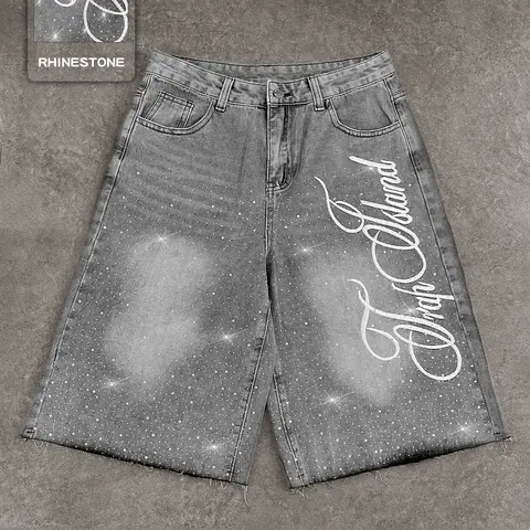 Studded Embroidered Casual Jeans, Bottoms, Letter Embroidery Shorts, American Street Style, Fashion Daily Wear Denim, High Waist, Button Fly, All Seasons