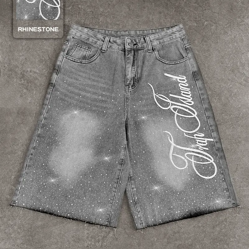 Studded Embroidered Casual Jeans, Bottoms, Letter Embroidery Shorts, American Street Style, Fashion Daily Wear Denim, High Waist, Button Fly, All Seasons