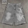 Studded Embroidered Casual Jeans, Bottoms, Letter Embroidery Shorts, American Street Style, Fashion Daily Wear Denim, High Waist, Button Fly, All Seasons