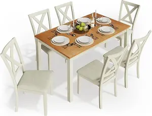 VanAcc 7-Piece Farmhouse Solid Wood Dining Table Set with 6 Upholstered Chairs, 60" Space Saving Dinner Table & Chairs Set, for Dining Room, Kitchen, Restaurant, Cream & Brown