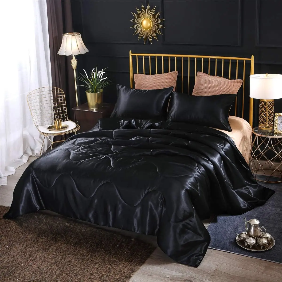 Silky Satin Comforter Set Queen Black, Soft Lightweight Microfiber Luxury Sexy Quilted Bedding Sets with  Matching Pillow Covers for Summer Spring Autumn