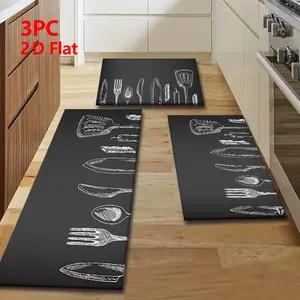 2/3 Piece Flannel Kitchen Mat Set, Kitchen Area Rug, Blackboard Hand-Drawn Design, Anti-Slip, Absorbent, Ideal for Kitchen, Dining Room, Hallway