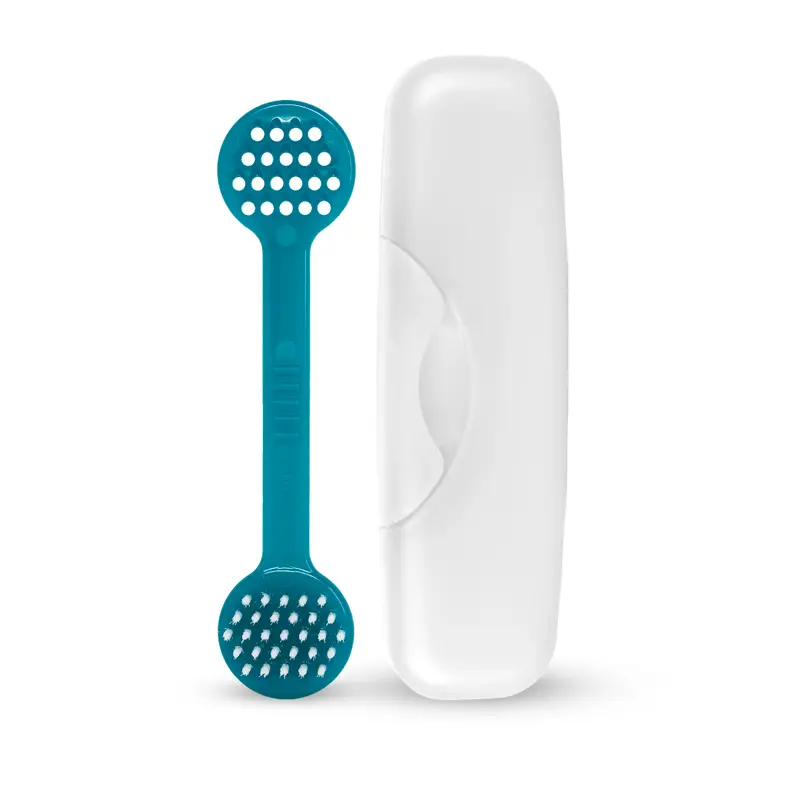 RADIUS Plastic Tongue Scraper - 2-in-1 Scrape+Brush Duo, Antimicrobial Brush, Gentle Microridge Scraper for Effective Oral Cleansing