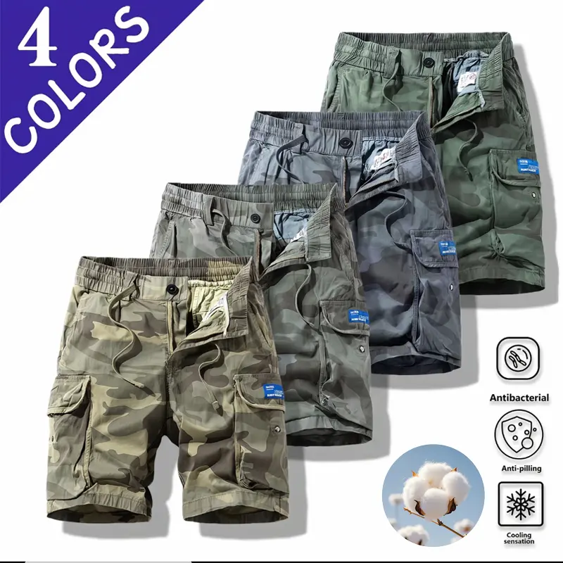“Life Keeps Moving” men’s camouflage cargo shorts with a drawstring elastic waistband, breathable cotton fabric, regular fit for casual comfort in summer, multi-pocket design, elastic waistband with button closure—versatile bottoms for everyday wear.
