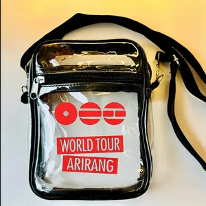 Arirang World Tour Transparent Clear Crossbody Bag with Red Logo and Black Adjustable Strap for KPop fans Concert Stadium Aporoved