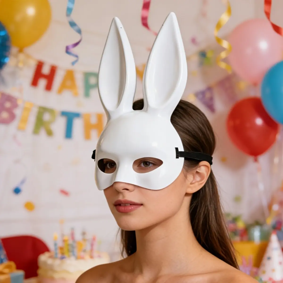 Premium Glossy Bunny Girls Mask 2-Pack, Classic Black & White Masquerade Face Mask Set, Sexy Rabbit Ears Costumes for Nightclub Bar Rave, Ultra-Stunning Party Queens Cosplay Eye Mask