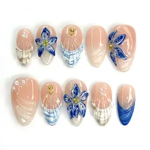 Azure Bloom Handmade Press-On Nails | Blue Floral Gel Nails | Reusable Luxury Nail Set
