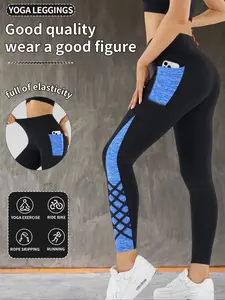 Crossover Straps Color Block Pocket Outdoor Sports Pants High Waist Yoga Pants，Women's  Sports trousers，Suitable for All-Seasons Wear, High Waisted Leggings