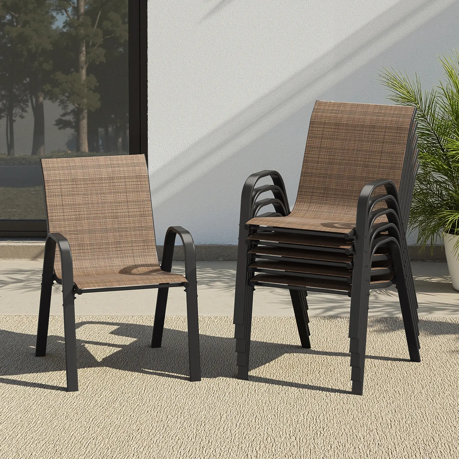 Patio Chairs Set of 6, Stackable Outdoor Dining Chairs with Textilene Fabric, All Weather Powder-Coated Metal Frame Outdoor Armchair for Backyard, Balcony and Poolside