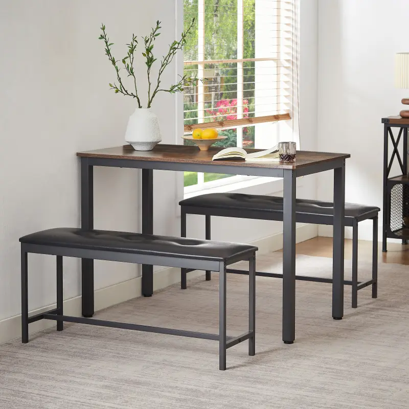 Bellemave Sturdy Industrial Dining Table Set - 43.3inL x 23.6inW x 29.9inH Rustic Brown Furniture with Steel Frame, 2 PU Upholstered Benches, Quick Setup Space-Saver for Kitchen, Modern Apartment