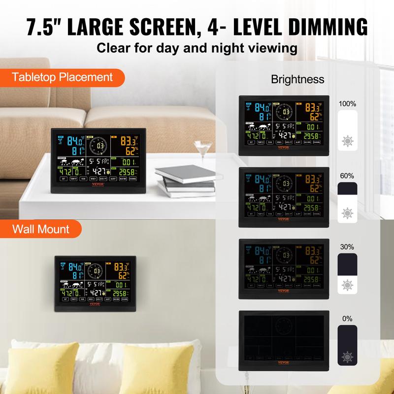 VEVOR 7-in-1 Wi-Fi Weather Station, TikTokShopBlackFriday, 7.5 in Color Display, Home Weather Station Indoor Outdoor, with Solar Wireles  VEVOR Super Brand Days Outdoor Sensor Alarm Alerts, for Temperature Humidity Wind Speed/Direction Rain