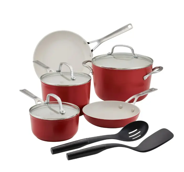 KitchenAid Ceramic Forged Aluminum Nonstick Cookware Set, 10 Piece, Empire Red