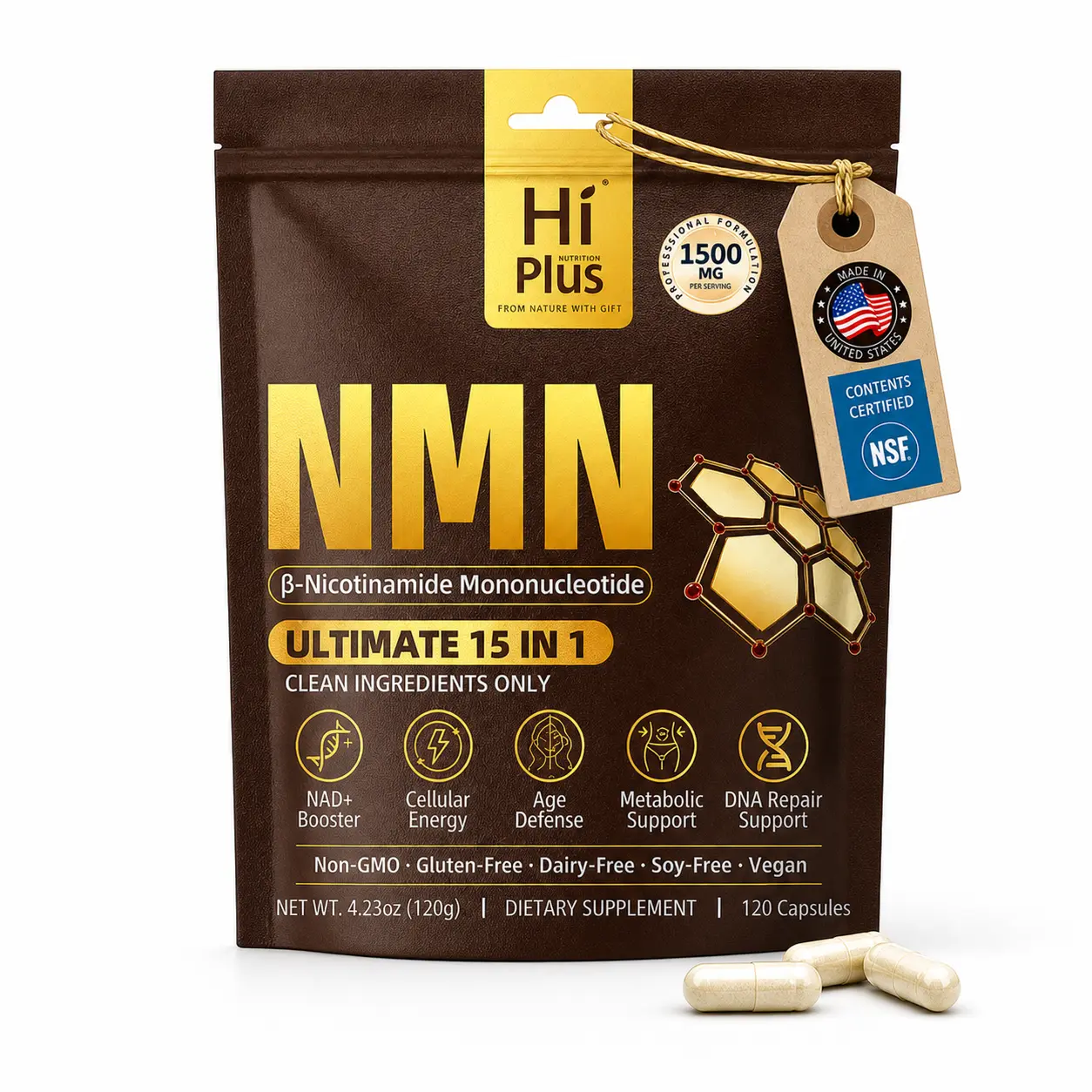 HiPlus NMN Complex Dietary Supplement Capsules - 1500mg Per Serving, 15-1 Formula with 500mg NMN, Vitamin C, TMG, CoQ10, Antioxidants for Youth & Whole Body Health Support
