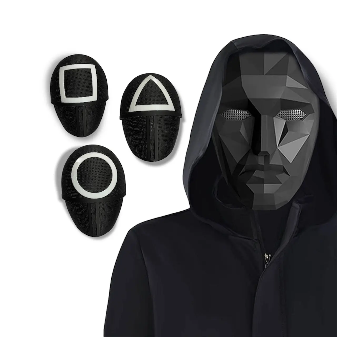 Squid Games Masks - Foldable Soldiers Masks in Triangle Square Circle Designs - Black Party Event Props with 3-Point Harness Attachments for Fun and Laughter