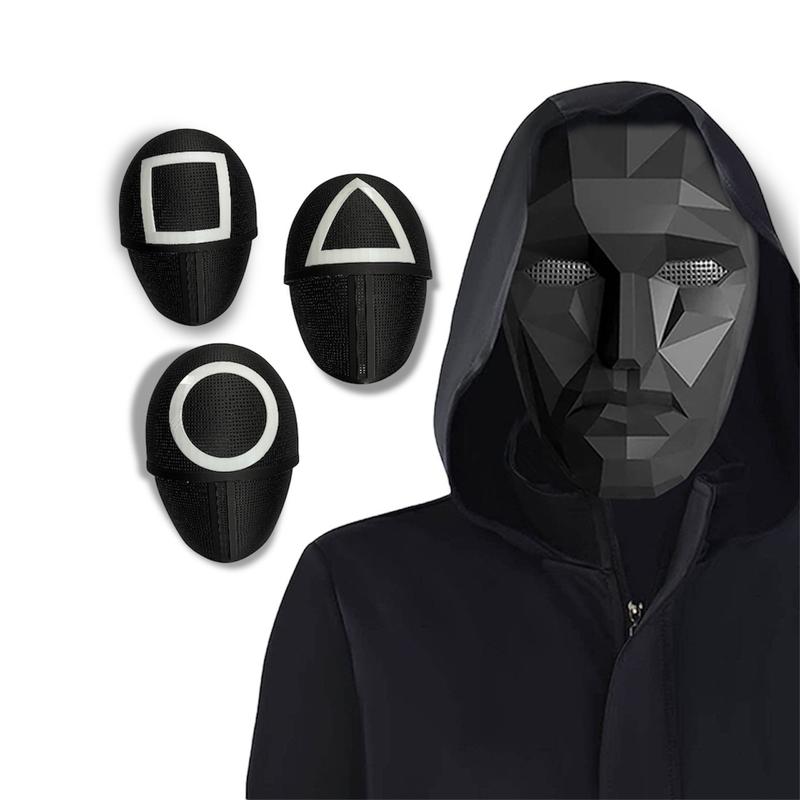 Squid Games Masks - Foldable Soldiers Masks in Triangle Square Circle Designs - Black Party Event Props with 3-Point Harness Attachments for Fun and Laughter