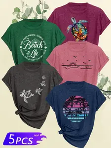 Five-Piece Fashion Simple Round Neck Short Fit T-Shirts, Clear Lines, Beach Life Turtle Print, Casual Everyday Graphic T-Shirts for Women S-Xxl Summer