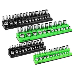 SWANLAKE GARDEN TOOLS Magnetic Socket Organizer Set, 4PCS Socket Holder Set Includes 1/4", 3/8" Drive Metric SAE Socket Trays green rubber socket tray professional hand work equipment tool box garage organization hand tool cool mechanic Socket Organizer