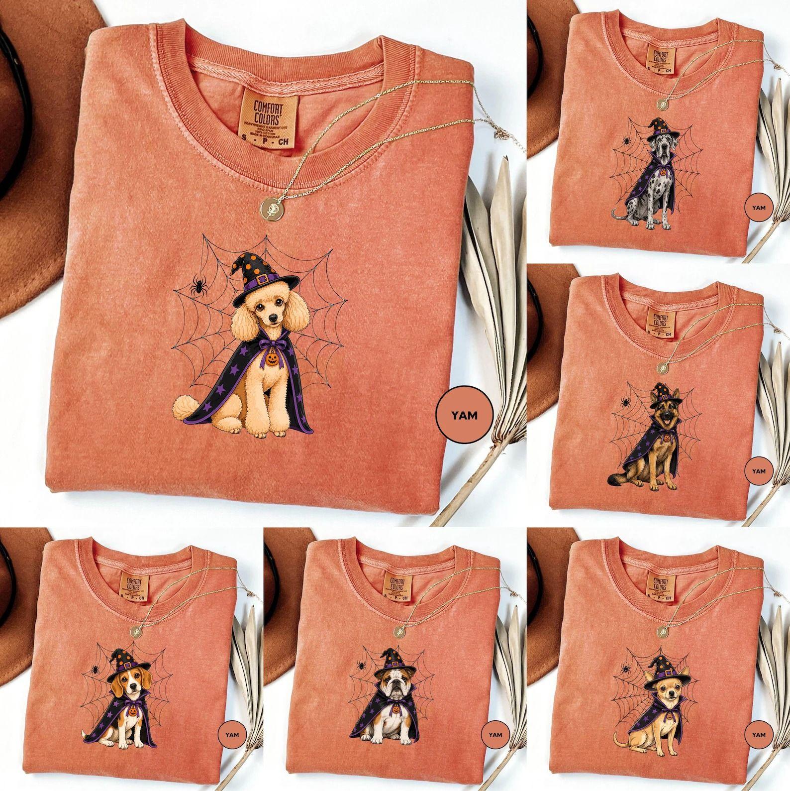 Comfort Colors Custom 50+ Dog Breeds Halloween Shirt, Cute Ghost Dogs Graphic Tee, Funny Spooky Season T-Shirt, Gift for Dog Moms and Dog Lovers