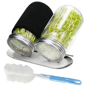 2PCS Sprouting Jar Kit-Wide Mouth Quart Mason Jars with Stainless Steel Screen Sprout Lids, Tray, Stand and Canning Brush Seed Sprouter Set