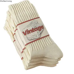 4 Pairs Natural 98% Cotton Crew Socks - Seamless, Breathable, Cozy Fall & Winter Socks for Women & Men