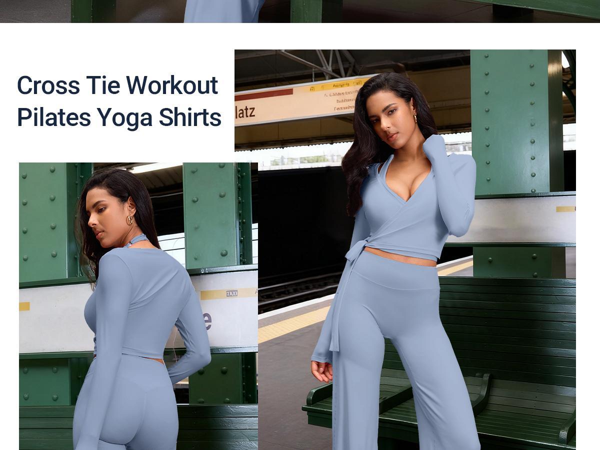 YEOREO Flattering V Neck Wrap Crop Top Long Sleeve Yoga Tie Shirt Breathable Pilates Ballet Workout Tops Athleisure Fashion