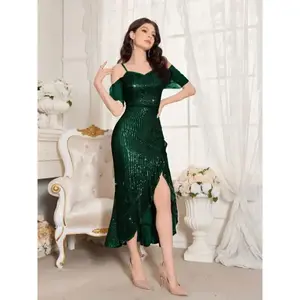 Green Off-Shoulder Sequin Slit Midi Dress - Elegant Chic Women's Wedding Guest Dress, Sparkly Fabric, Short Sleeve, Spring Wedding Dress Collar nigerian prom dress graduationdress blacktiedresses Polyester Womenswear Shortsleeve Apricot