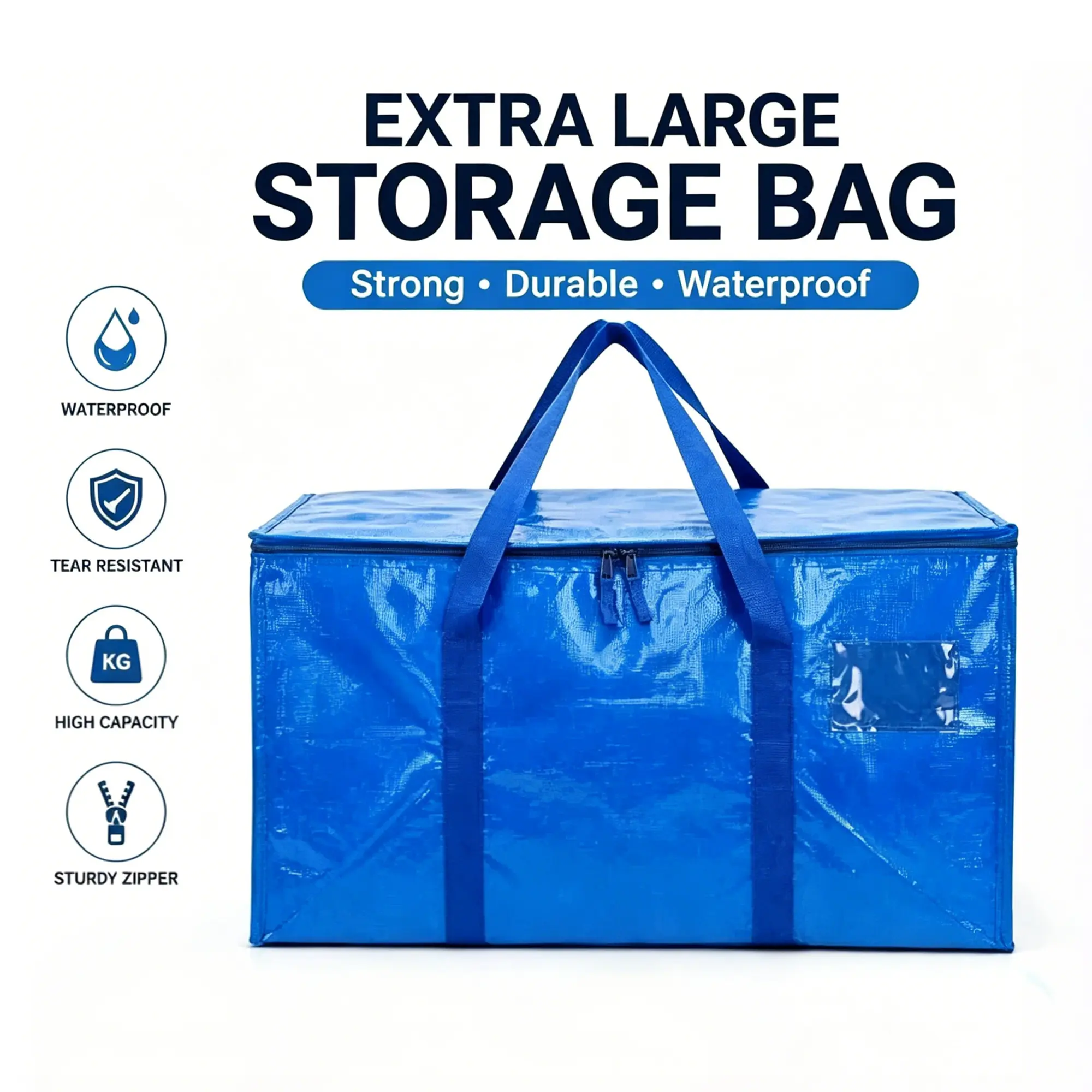 Classic 6-Pack Heavy-Duty Large Blue Folding Storage Tote Bags with Zipper, Label Window, Wrap-Around Handles, Waterproof Foldable Design, Spacious Home Organizer for Closet & Garage, Moving Box Replacement Gift for Men