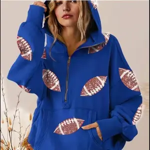 Ommig Womens Game Day Sweatshirts Football Sequin Hoodies Tailgate Outfits Long Sleeve Zipper Sweaters with Pocket Casual Cotton cozy long sleeve
