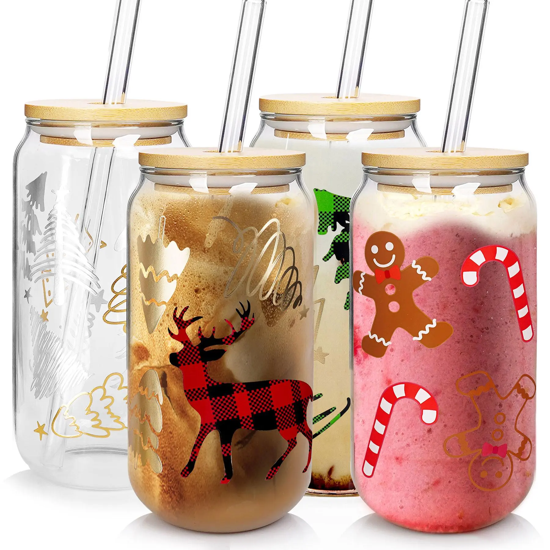 ANOTION Christmas Gift 18oz Coffee Mugs Glass Cups with Lid and Straw Colorful Xmas Tree TumblerHome Decoration Gifts for Women Classic Drinkware Set