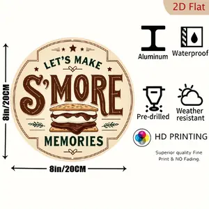 2D Flat, 1pc 8'' Vintage Camping Decor - "Let's Make S'more Memories" Metal aluminum Wall Art Sign with Graham Crackers, Marshmallows - Rustic Kitchen, Cabin, or Garden Decoration - Easy-Hang Indoor/Outdoor Hanging Decor - Perfect Gift