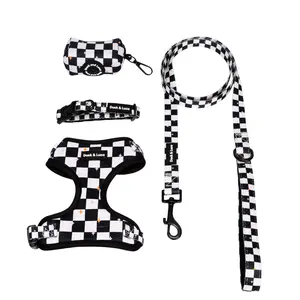 Duck & Luca 4-Piece Pet Bundle - Checkerboard and Stars Design for Dogs - Includes Harness, Leash, Collar, and Poop Bag