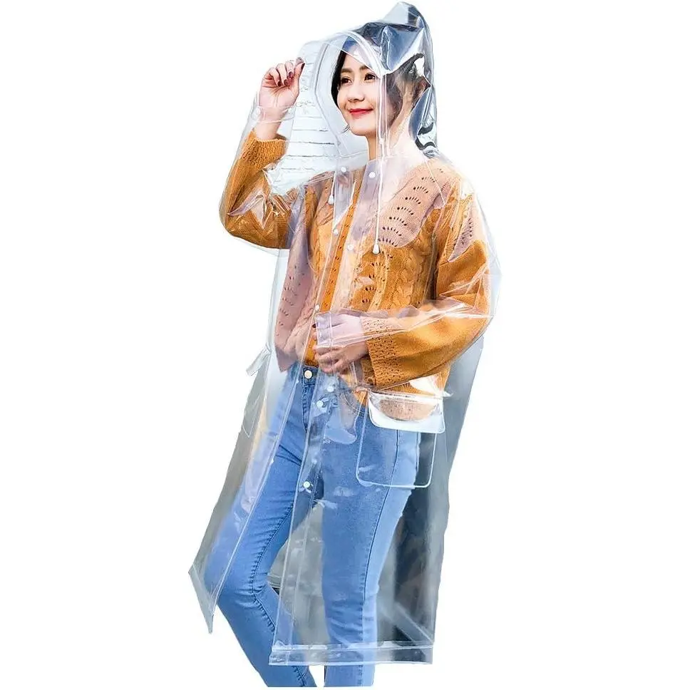 Women's Stylish Lightweight Super Transparent EVA Waterproof Rain Poncho with Hood Drawstring, M/L/XL Sizes, Quick Clean and Dry for Motorcycle Riding & Outdoor Use