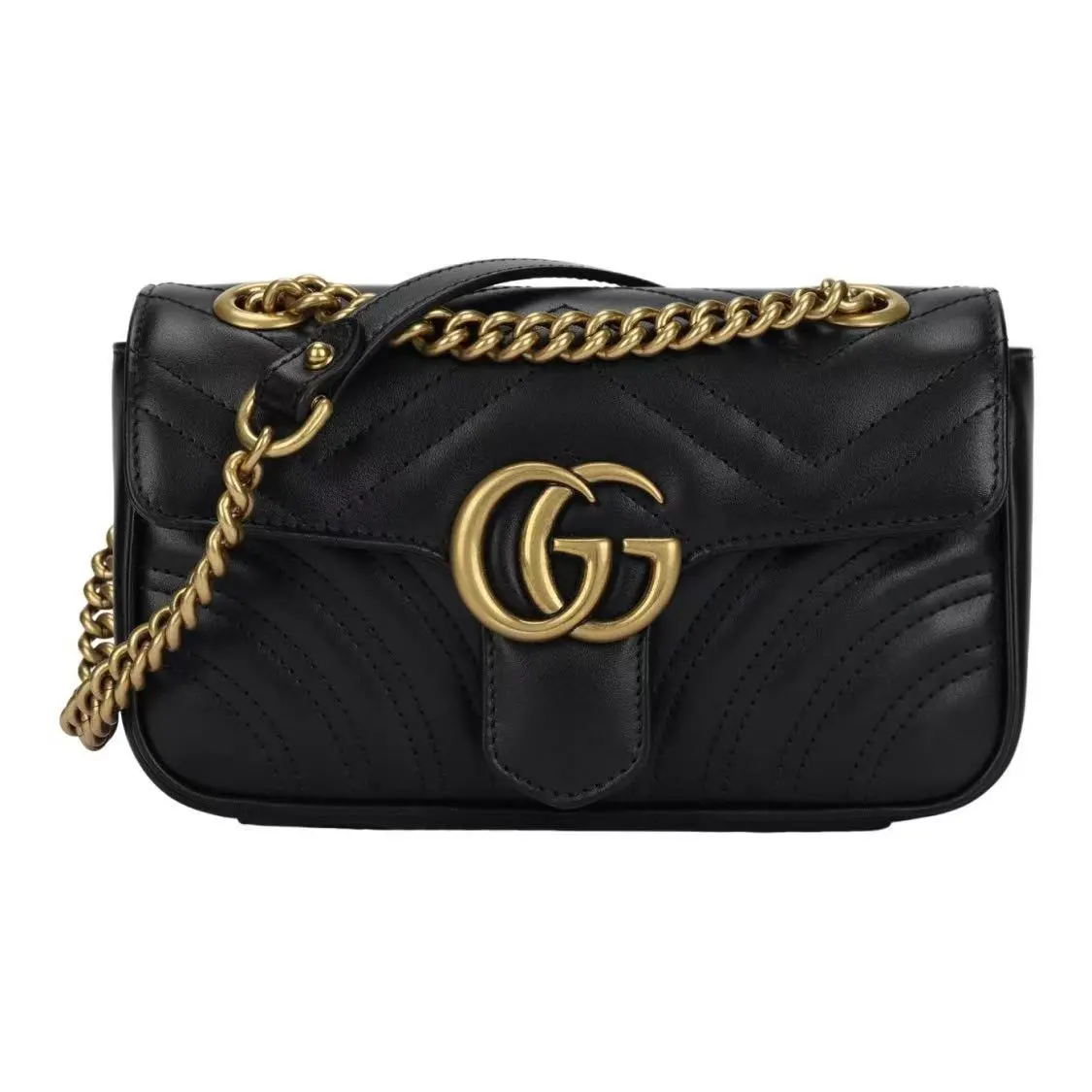 Pre-owned GUCCI Leather Shoulder Bags GG Marmont 22 Shoulder Bag in Black Matelassé with Gold Tone Metal