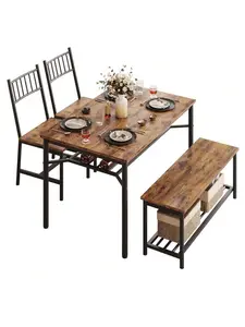 Dining Table Set For 4, Kitchen Table And Chairs For 4 With Wine Rack, Room Dining Table Set With Storage Benches, Rectangular Kitchen Table Set For Small Space, Apartment