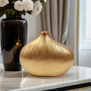 Glimmering Ribbed Vase - A Modern Golden Sculptural Cylinder That Captures Light, A Luxurious Standalone Accent for Console or Tabletop