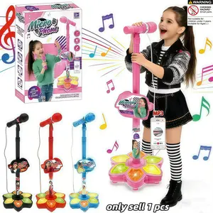 Karaoke Machine with Stand Microphone Toy, Music and Flashing Stage Lights, Portable Adjustable Stand, Perfect Birthday Gift for Unisex Kids Aged 3+